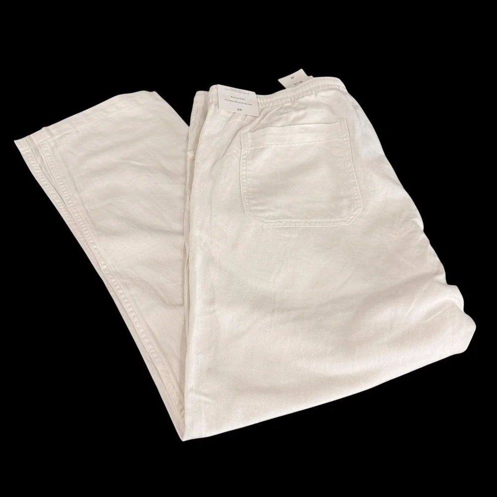 NEW H&M Linen Blend Trousers Mens XL Relaxed Pants Off-White Drawstring Coastal
